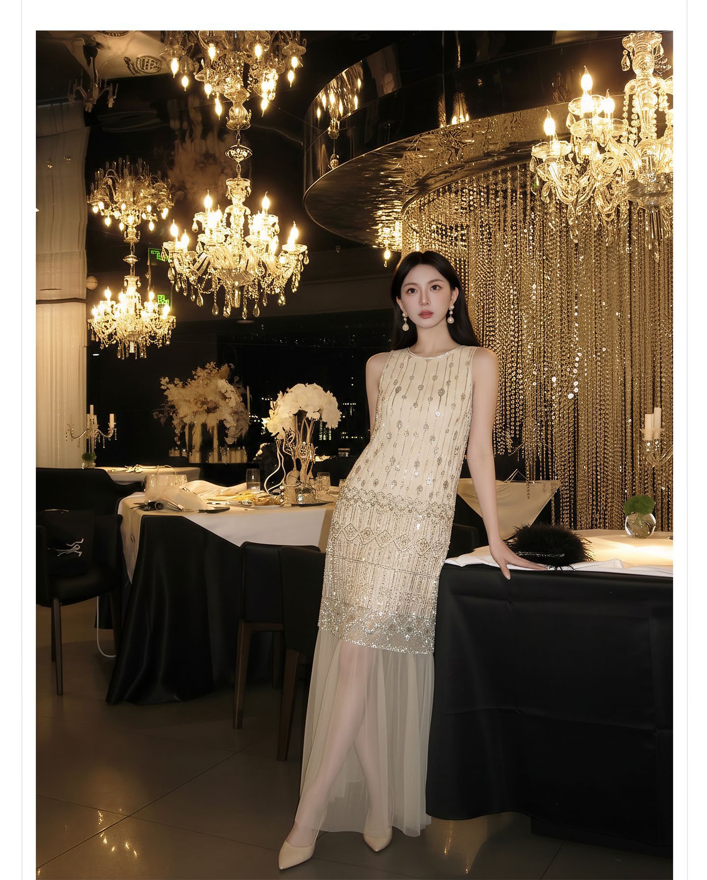 Đầm suông nữ midi không tay phong cách tân cổ điển Trung Quốc, họa tiết sequin lấp lánh — màu trắng ngà chi tiết 7
