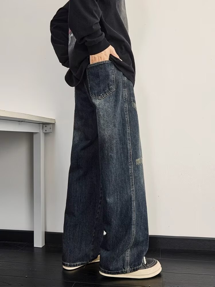 Men's Washed Vintage High Street Jeans Distressed Denim Loose Straight-Leg Fit Streetwear Style Blue S-3XL_mkmklike.com