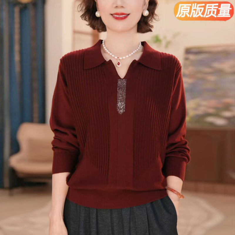 红色翻领针织衫女长袖时尚纯色毛衣春秋冬新款妈妈内搭羊绒打底衫|undefined