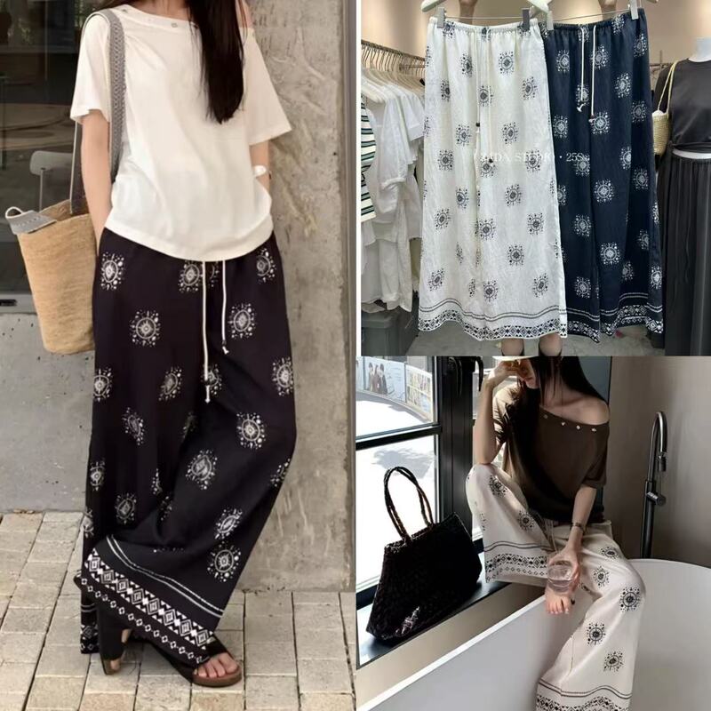 [Casual Holiday Style] Retro Ethnic Bohemian Beaded Printed Loose Slim Wide Leg Lazy Casual Pants