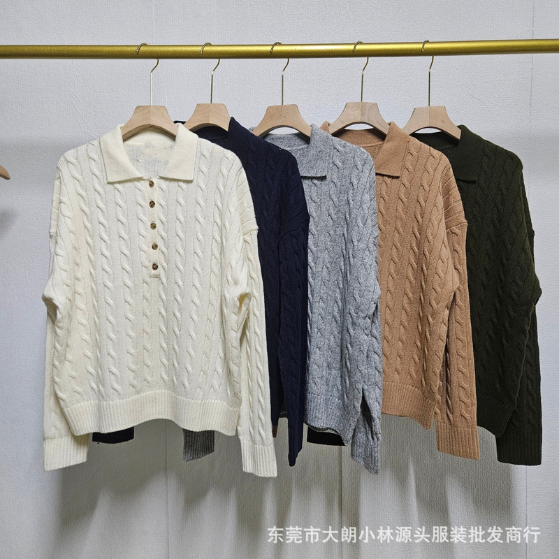 26 Autumn/Winter Polo Collar Wool Cable Knit Sweater, Old Money Style Retro Long Sleeve Casual Top, Unisex