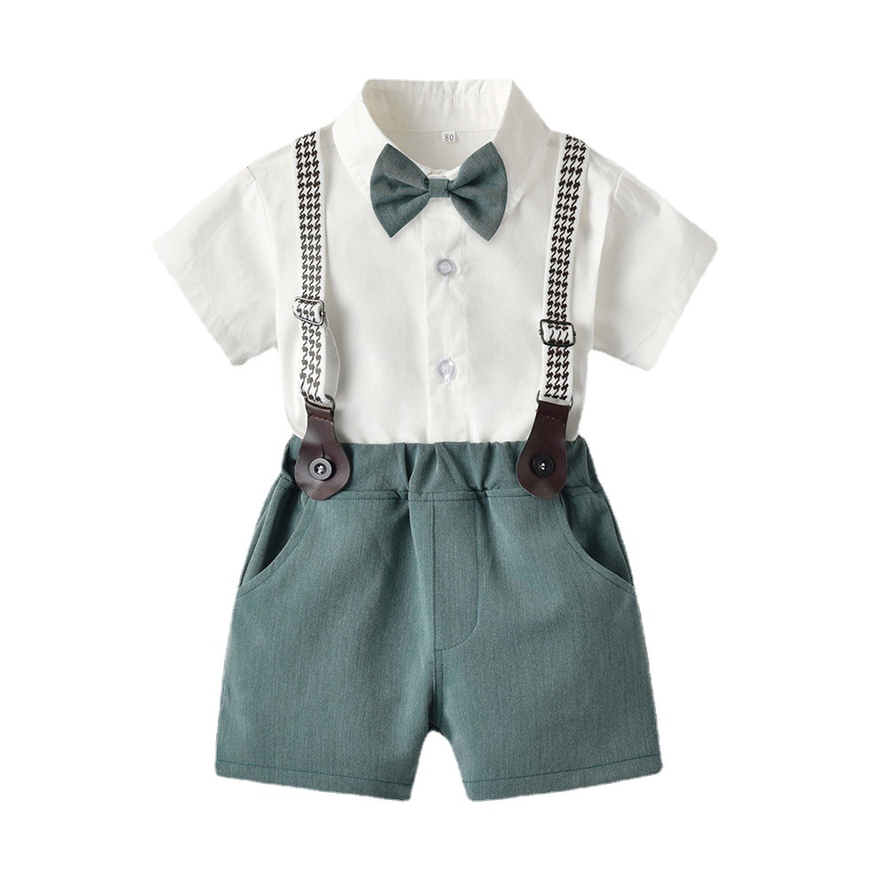 Conjunto de vestidos de verano para niños con solapa de manga corta cardiganes de algodón cinturón pantalones cortos de aniversario de flores al por mayor