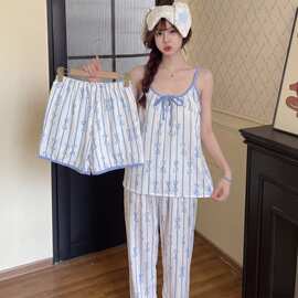 带胸垫云朵棉春夏季新款睡衣女短袖短裤长裤简约休闲家居服三件套