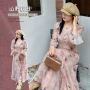 木耳边大码v领长袖女裙