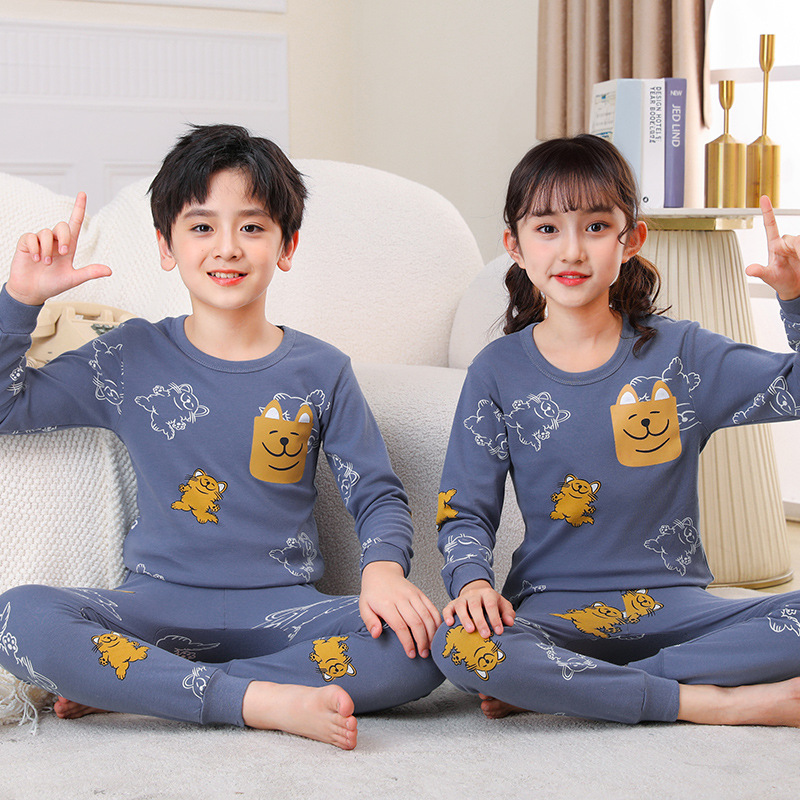2024秋冬新款儿童纯棉内衣套装中小男女童宝宝卡通印花棉毛打底衫