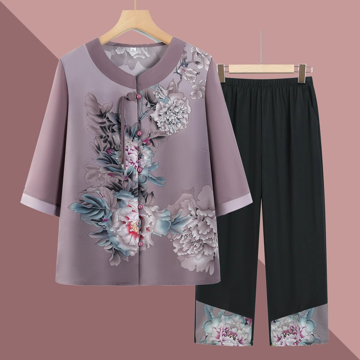Grandma's New Chinese Style suit Old People's Summer Dress Female Mother's Mid-Sleeve Shirt Wife Clothes Pants Spring and Summer Two-Piece Set