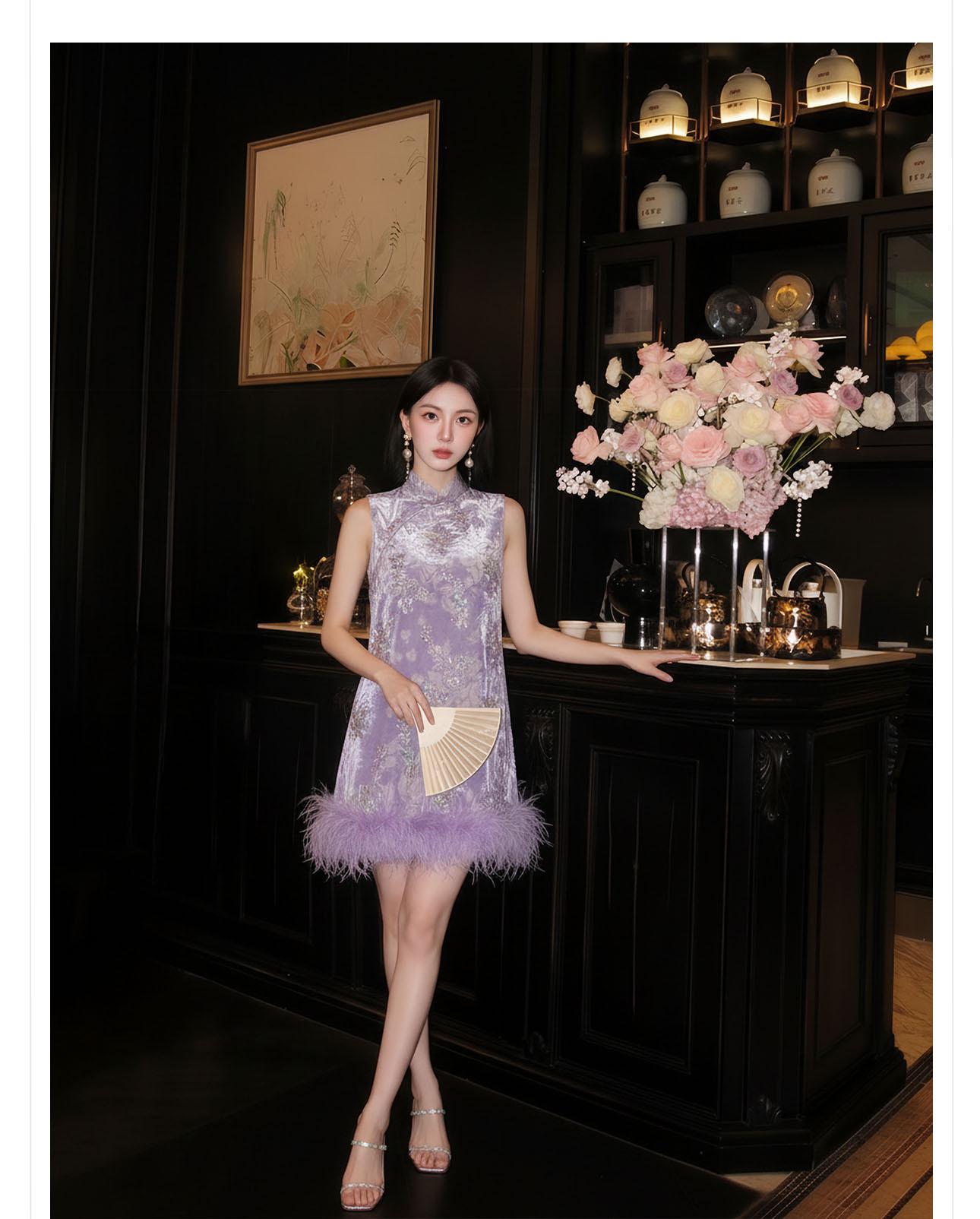 Đầm maxi nữ thắt eo phong cách cổ điển sang trọng kết hợp lông đà điểu và đính sequin thêu — màu tím chi tiết 12