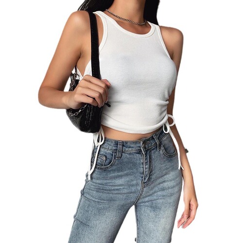 2024 European & American Spring/Summer Fashionable New Arrival Women's Sexy Solid-Color Slim-Fit Pleated Camisole with One Shoulder