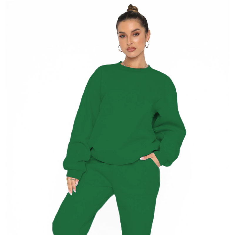 211257 autumn and winter New European and American solid color fleece-lined round neck pullover long sleeve sweater fashion casual trousers suit