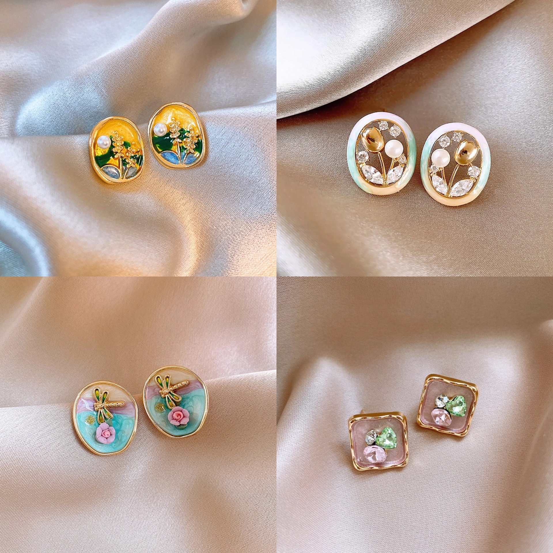 Monet Garden Pintura al óleo Pendientes de perlas de flores de viento Pendientes de lujo ligero de alta calidad Pendientes frescos dulces franceses mujeres