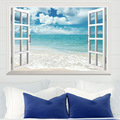 3d假窗户装饰画贴 夏季大海风景画仿窗壁画墙面卧室自粘墙贴