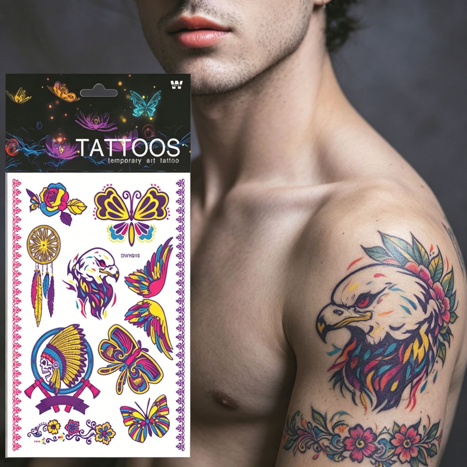 Tatuajes Temporales Fluorescentes para Brazo de Papel de Transferencia de Agua, Impermeable para Halloween