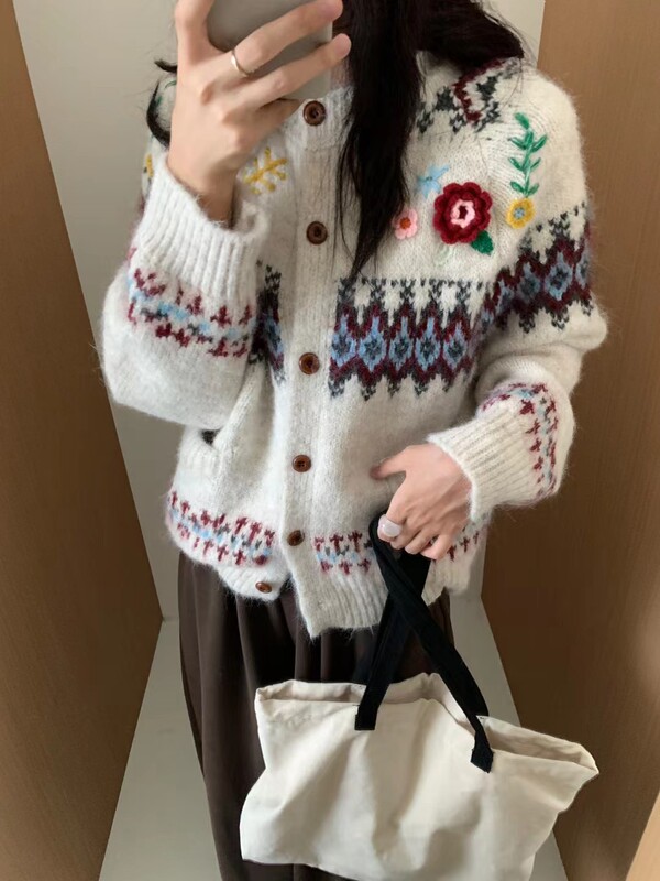 韩系古着感费尔岛提花毛衣开衫外套女秋冬新款慵懒软糯宽松针织衫|undefined