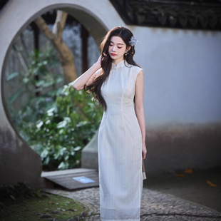 Chunxiao Rice White Retro Crescent Sleeve Striped Cheongsam Daily Wear Improved New Chinese Style 2025 Spring New