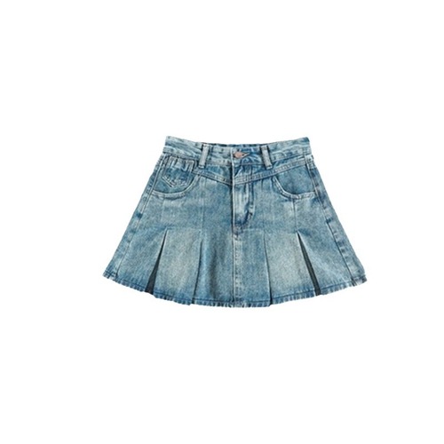 Light Blue Denim A-Line Pleated Skirt with High Waist for Spring and Summer, Shows Legs, Hot Girl Short Skirt