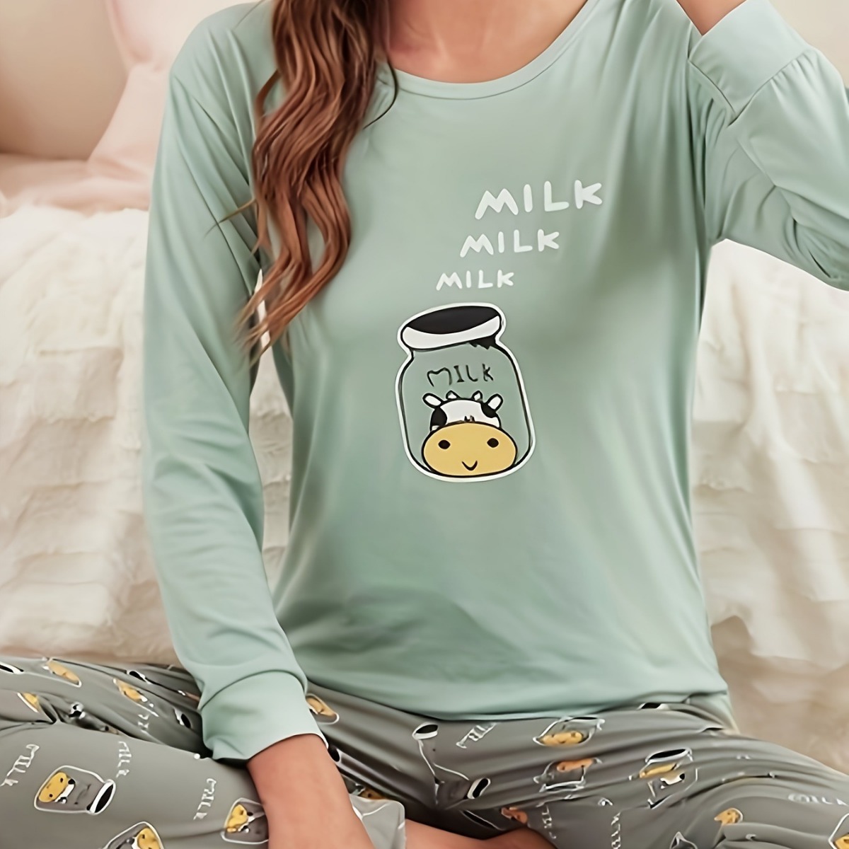 Comercio exterior transfronterizo pijamas europeos y americanos ropa de hogar para mujer Amazon cuello redondo para mujer pantalones de dibujos animados de manga larga traje de otoño