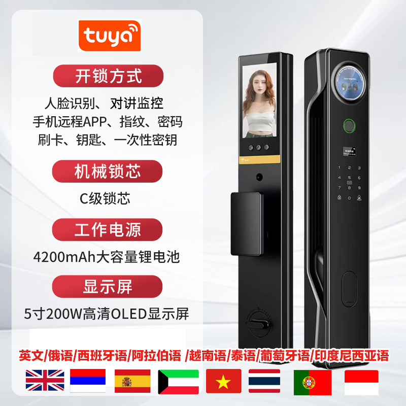 跨境涂鸦Tuya人脸5寸可视对讲全自动智能指纹锁家用锁远程APP开锁|undefined