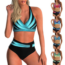 亚马逊泳衣新款分体两件套交叉绑带比基尼高腰泳衣欧美外贸2024
