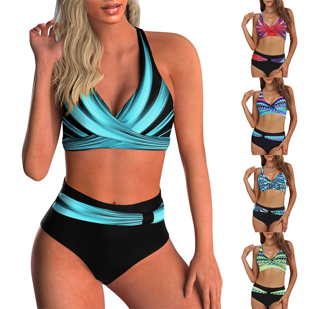 亚马逊泳衣新款分体两件套交叉绑带比基尼高腰泳衣欧美外贸2024
