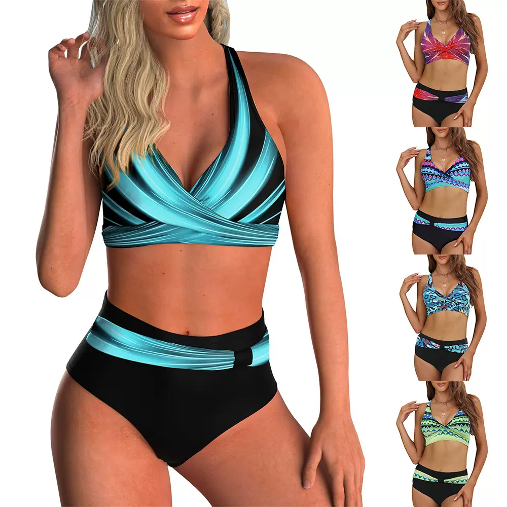 亚马逊泳衣新款分体两件套交叉绑带比基尼高腰泳衣欧美外贸2024