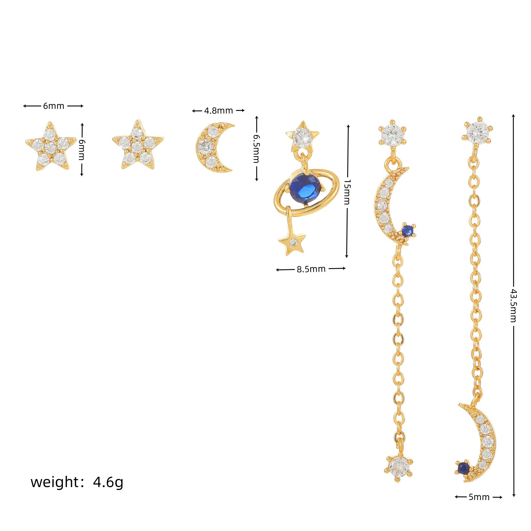 Fashion Star Moon Copper Inlay Zircon Drop Earrings 5 Pieces