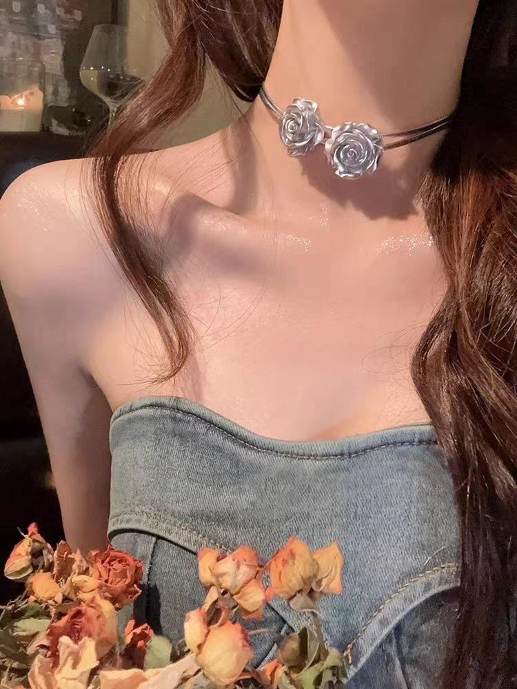 Zilvergrijze roze dubbellaagse nis, lief en cool pittig meisjessleutelbeen choker halsketting, trendy_voghion.com