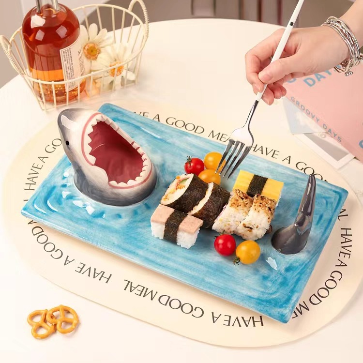 Plato de tiburón de boca grande, plato especial de tiburón de salmón, plato cerámico con plato de bocadillos multifuncional, plato de bocadillos de sushi, plato de comida diaria para comedor