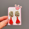 Children's red ear clips, cartoon earrings with tassels, jewelry, Chinese style, no pierced ears