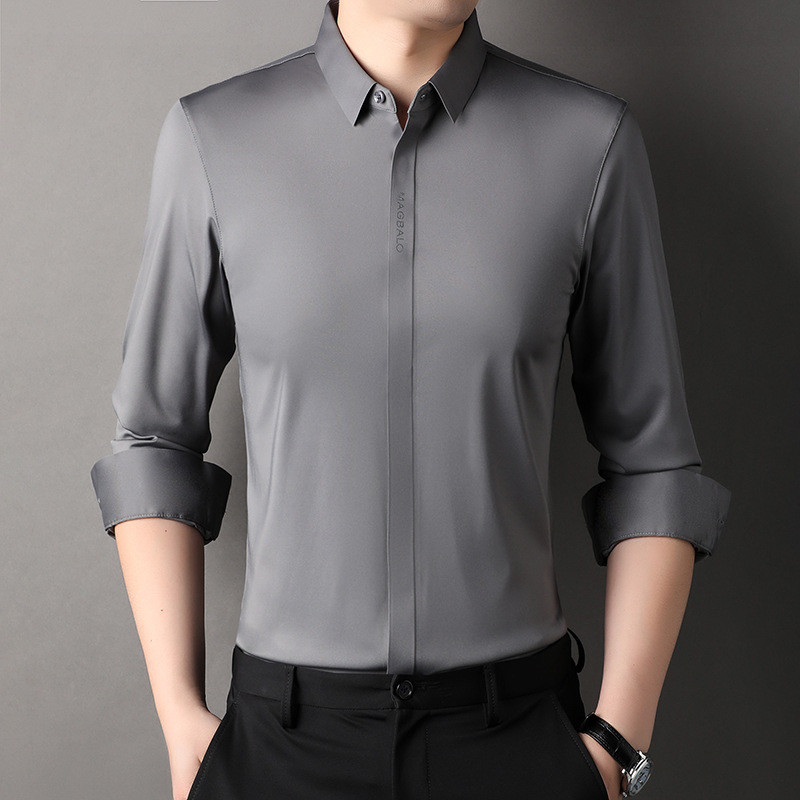 Popular autumn men's long-sleeve shirt, fashionable, casual, versatile, wrinkle-resistant, no-iron, hidden button placket, seamless shirt for men