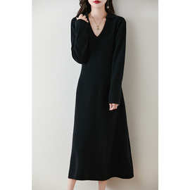 秋冬新款V领100纯羊毛气质百搭休闲连衣裙娃娃领针织打底毛衣裙女