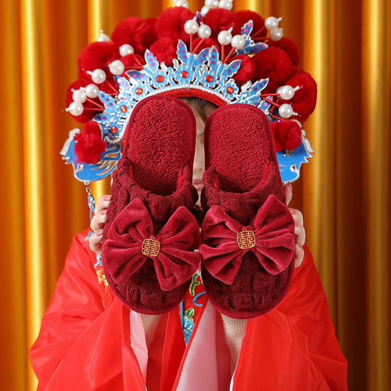 Festive red winter slippers for bride, for beloved