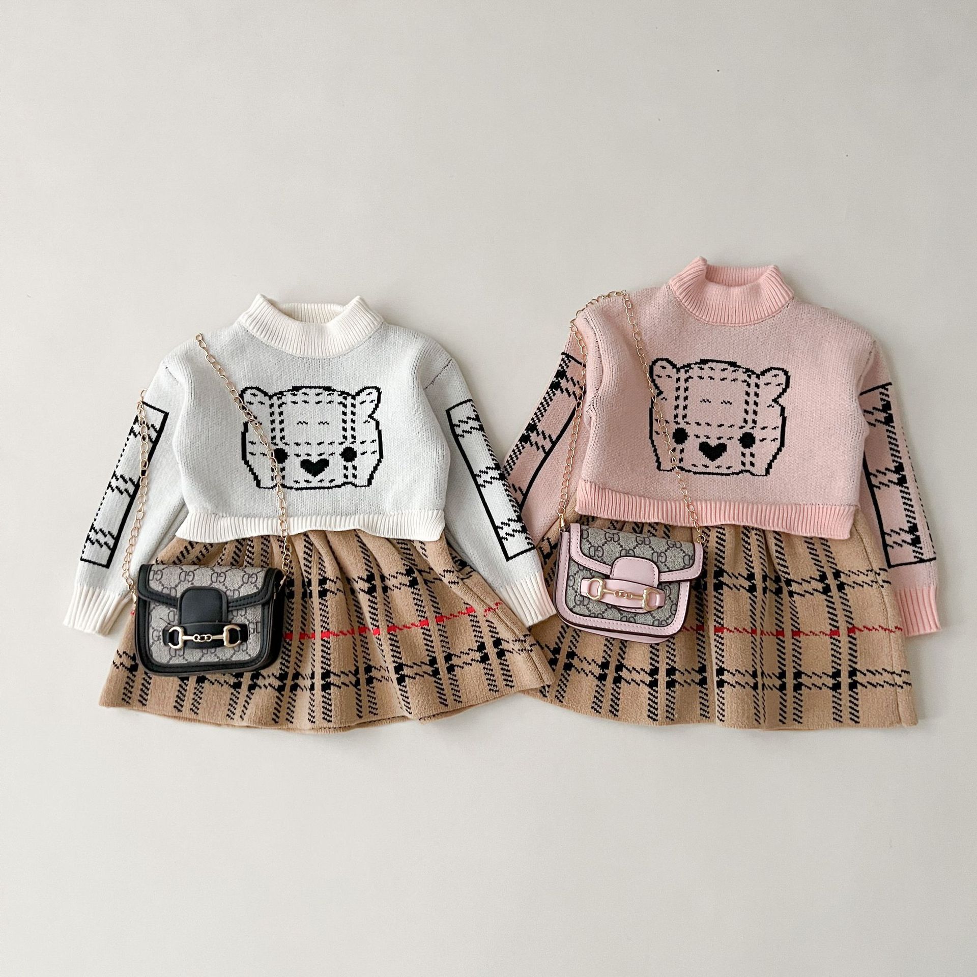 Pull pour filles, Cardigan tricoté pour enfants, ensemble deux pièces pour filles, à la mode et mignon, printemps-automne 2023_voghion.com