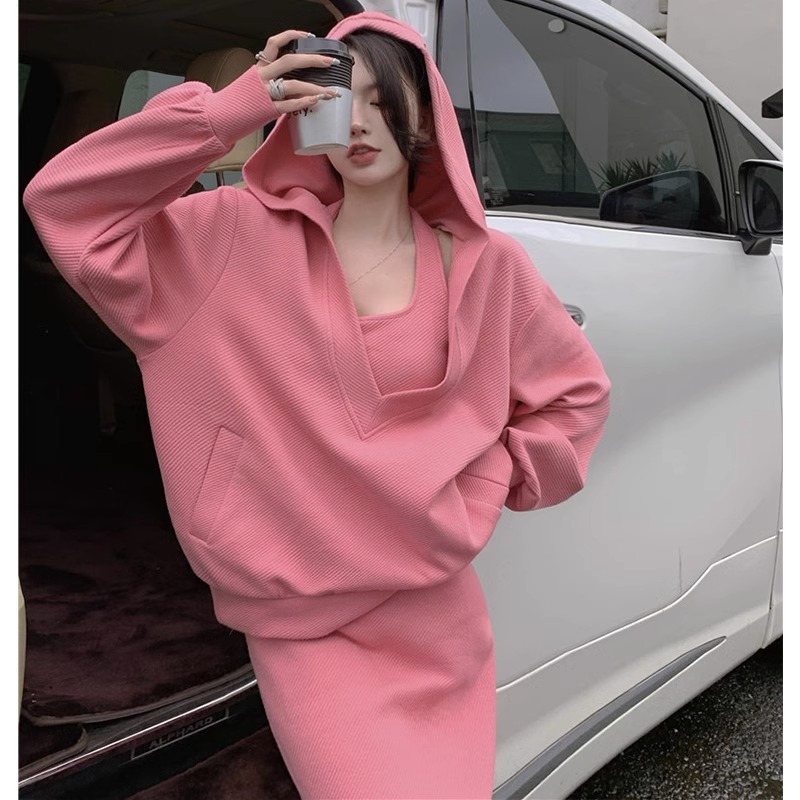 秋の洋気減齢はやせているスーツの女性の大きいサイズのガードルの肉を遮る2セットのワンピースのスカートの太ったmm 200斤300|undefined