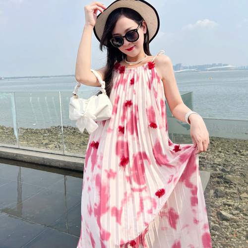 Parent-child wear  new summer style French design tie-dye suspender dress mother-daughter wear long fairy skirt