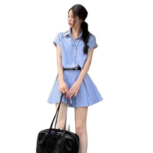 Korean college style blouse dress for women, summer, beautiful striped short-sleeved pleated skirt short dress