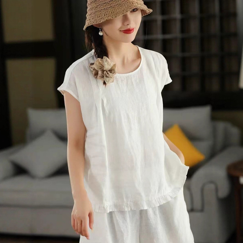 Summer New Retro Linen Short-Sleeve Top with Ruffled Hem, Artistic Pullover with Tie-Back Shirt 369