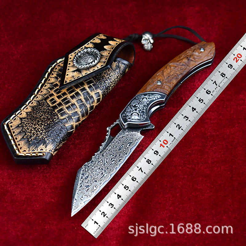 现货热销大马士革高硬度户外折叠刀 随身锋利便携露营蒙古手把肉