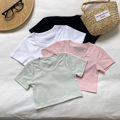 女童T恤2024夏季新款修身甜辣內搭短款正肩棉韓系糖果色U領上衣