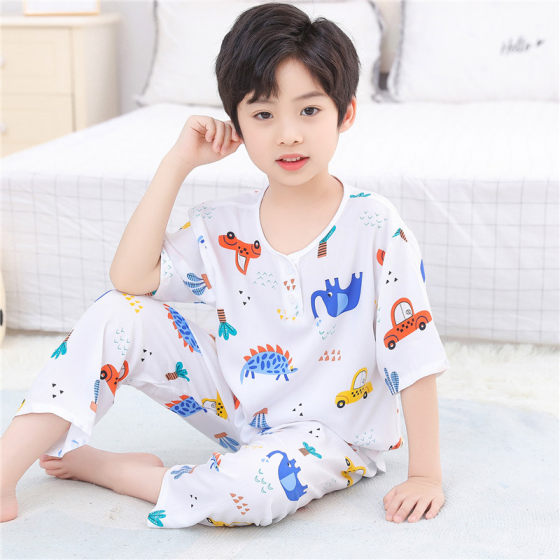 Summer Children's Cotton Silk Pajamas Short-sleeved Trousers Set Thin Little Girl Boy's Pajamas Baby Cotton Silk Home Clothes