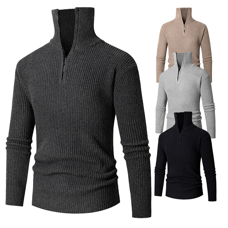 Autumn winter knitted with a flip collar and half zipper knit base, solid color slim fit men's sweater_voghion.com