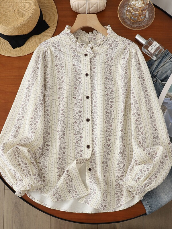 Vintage Floral Shirt for Women, Long Sleeve, Lace Collar, Brushed Cotton, Versatile Commuting Top, Base Shirt YX9MHT Vintage Floral Shirt for Women, Long Sleeve, Lace Collar, Brushed Cotton, Versatile Commuting Top, Base Shirt YX9MHT
