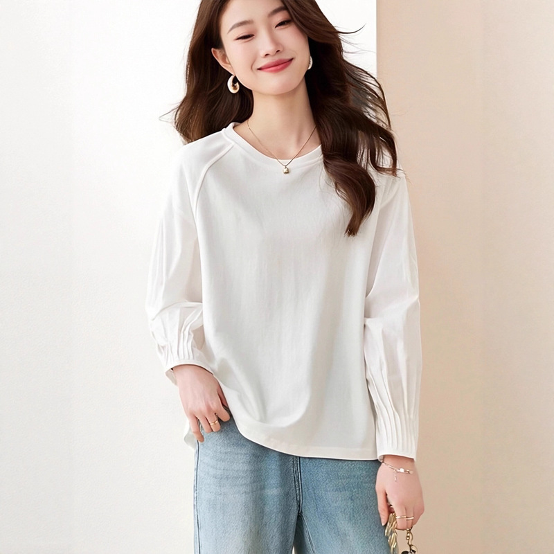 Pure Cotton White T-Shirt for Women, New Spring and Autumn Style, Niche, Unique, Chic, Versatile, Long-Sleeve, Round-Neck, French Top