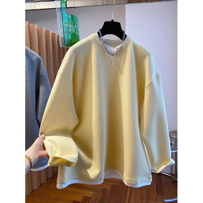 跨境240斤大码纯色设计感假两件V领卫衣女装春秋宽松套头撞色上衣|undefined