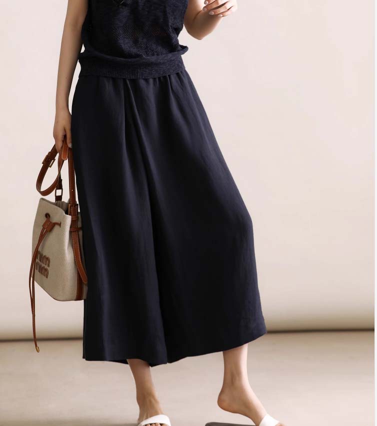 Quần culottes ống rộng vải lanh mỏng mát mùa hè nữ — Trắng sứ trơn, Xanh ngọc bích chi tiết 9