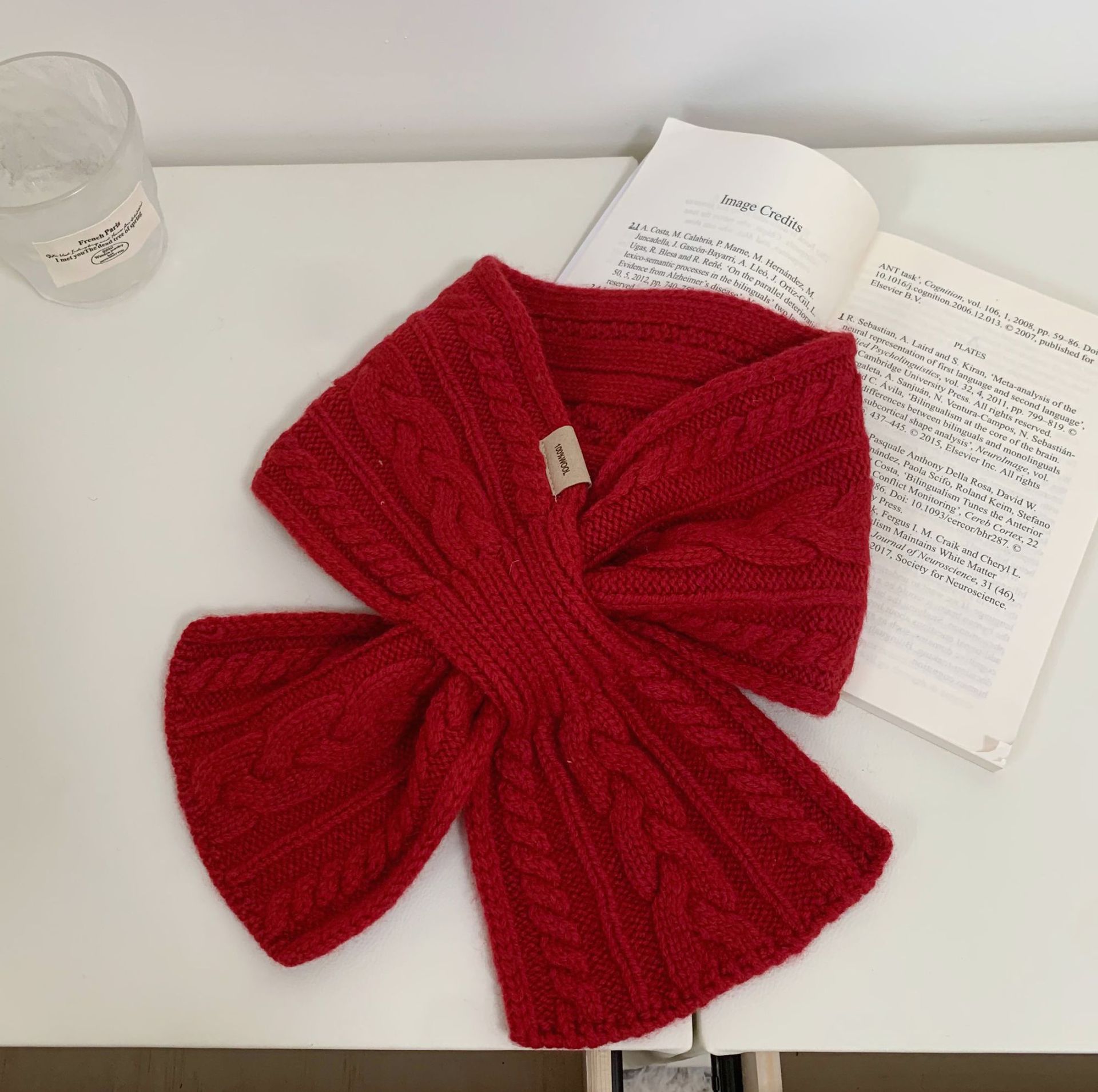 High-End 100% Pure Wool Red Small Scarf for Women, Winter Korean Style Braided Neck Warmer, Cross-Over Lazy Short Neck Scarf