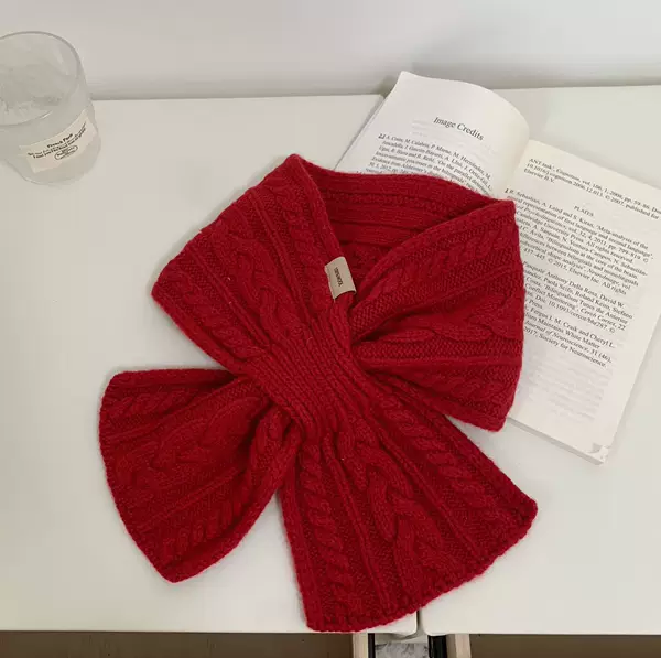 High-End 100% Pure Wool Red Small Scarf for Women, Winter Korean Style Braided Neck Warmer, Cross-Over Lazy Short Neck Scarf