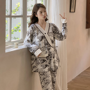 Spot 88185 Modal Confinement Clothes with Breast Pads, Spring and Summer Ink Kimono, Pregnant Women, Breastfeeding Pajamas