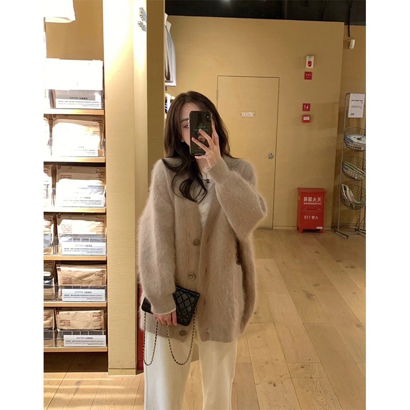 仿水貂绒奶的毛衣外套女装秋冬新款慵懒领针织开衫上衣|undefined