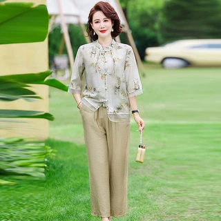 中年妈妈棉麻上衣套装洋气两件套中老年女装夏装中式国风中袖衬衫
