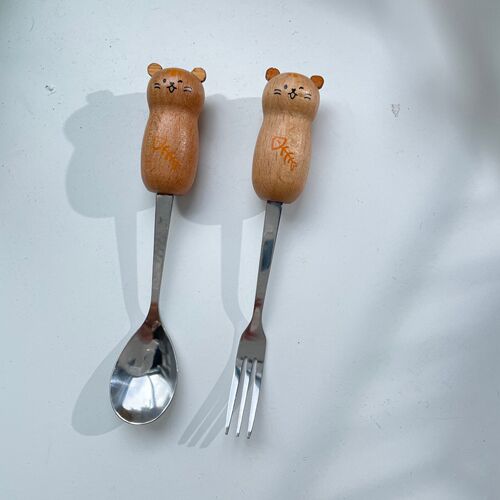 Light luxury stainless steel small spoon and fork household cute and exquisite eating cartoon wooden handle spoon tableware BH267